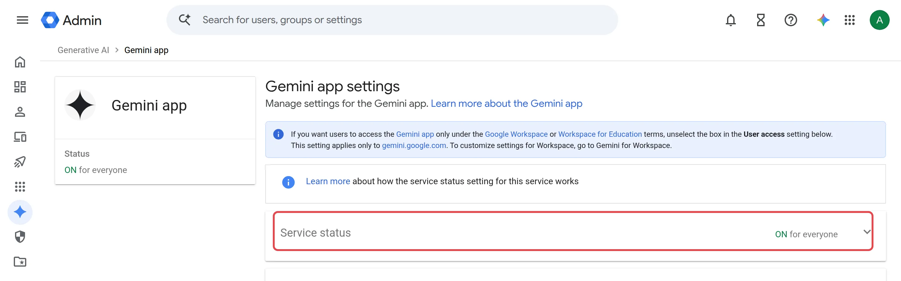 Gemini app settings page with the Service status row