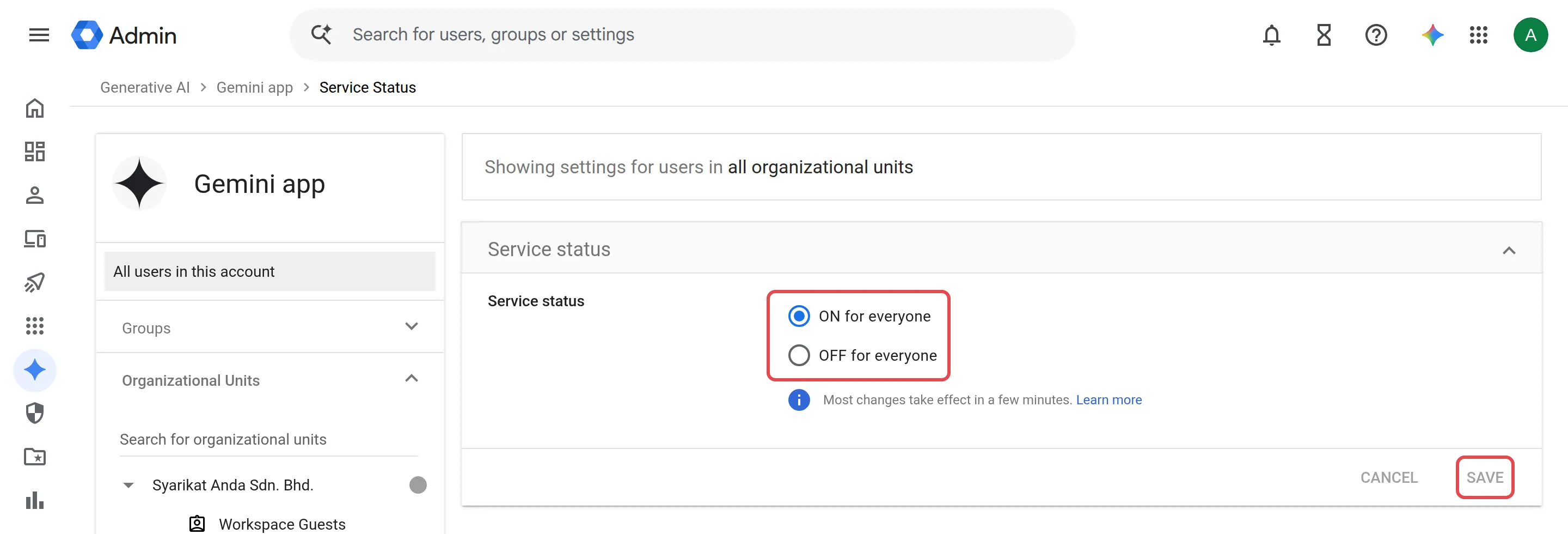Service status with ON for everyone, OFF for everyone and the Save button
