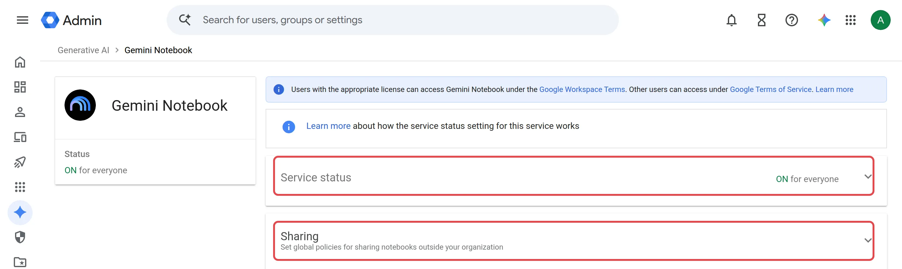 Gemini Notebook settings page with the Service status and Sharing rows