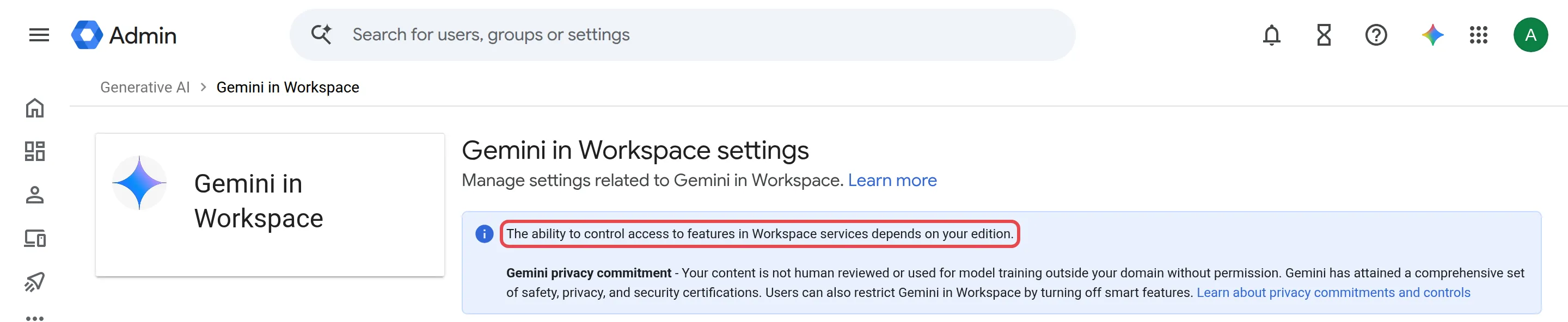 Gemini in Workspace settings on a Business plan, saying feature access depends on your edition