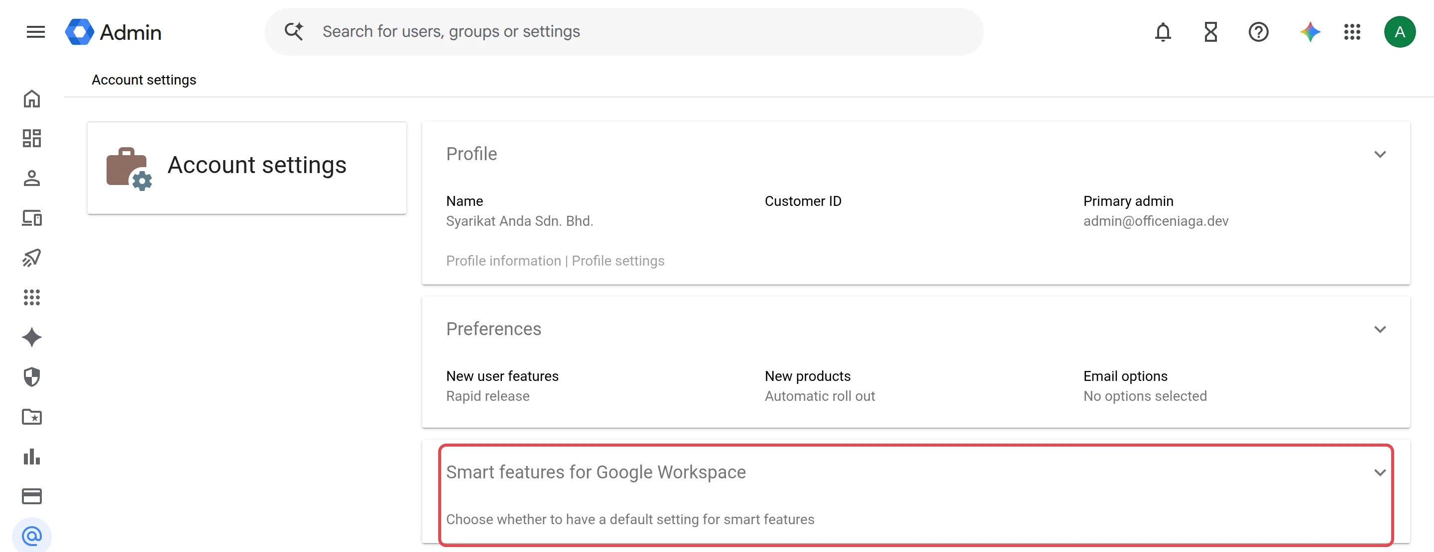 Account settings page with the Smart features for Google Workspace row