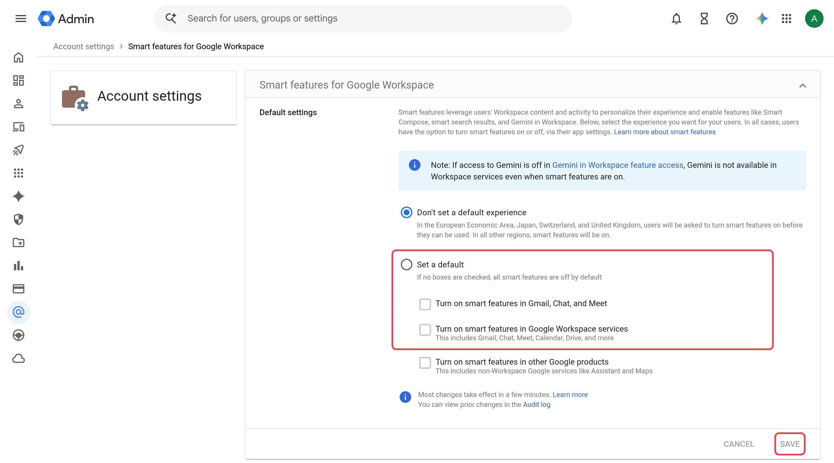 Smart features for Google Workspace with Set a default, the two Workspace smart feature boxes and the Save button