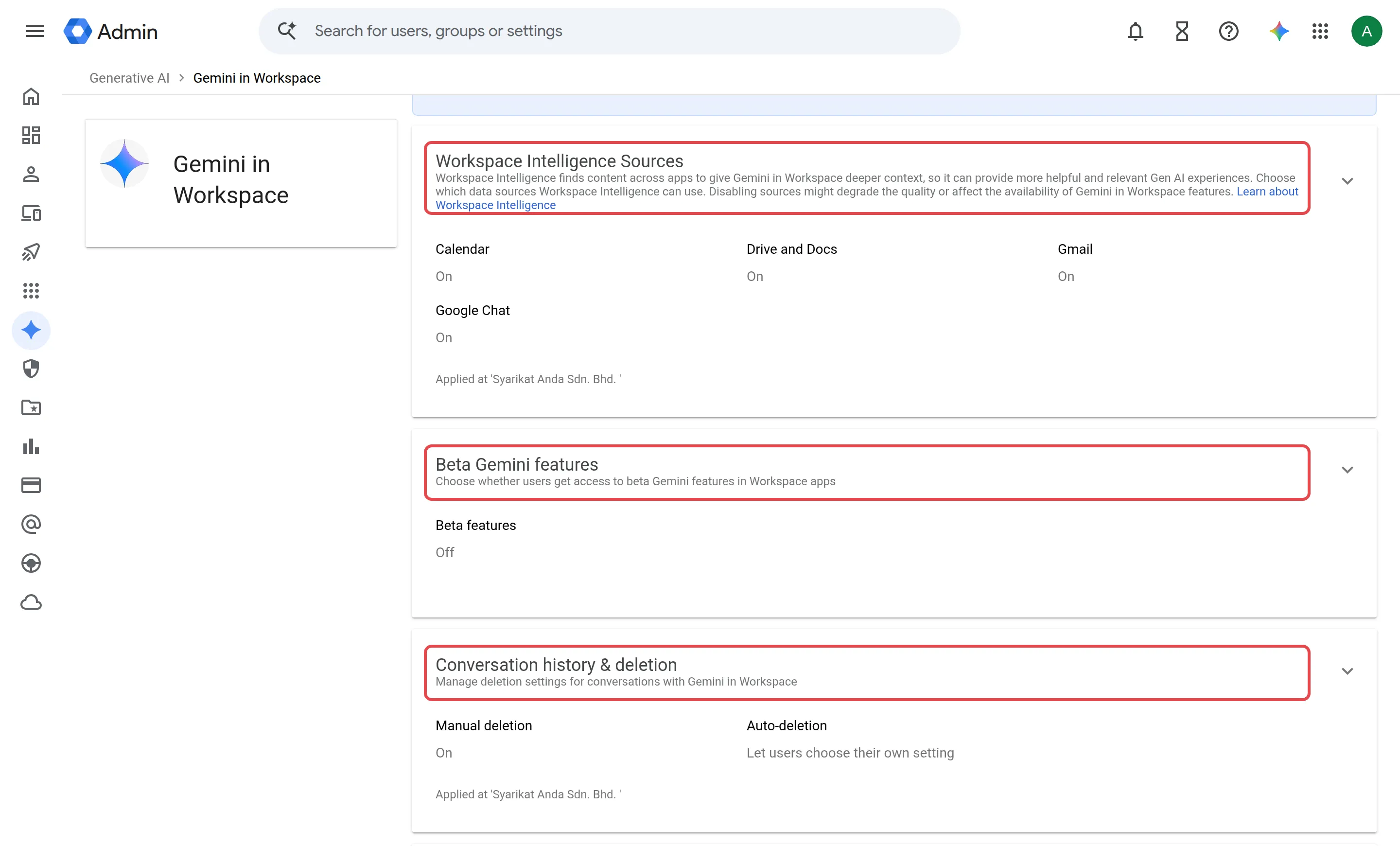Gemini in Workspace settings with Workspace Intelligence Sources, Beta Gemini features and Conversation history & deletion