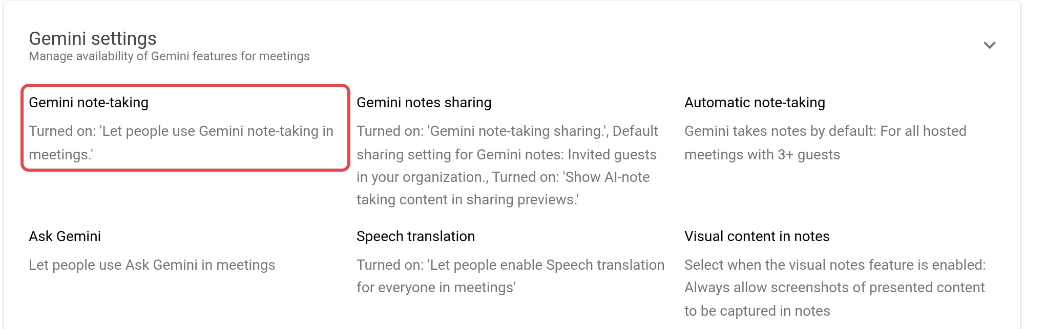 Gemini settings card in Google Meet settings, with the Gemini note-taking row