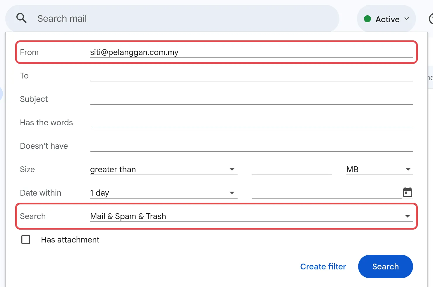 Gmail搜索选项，From填有发件人，Search设为Mail & Spam & Trash