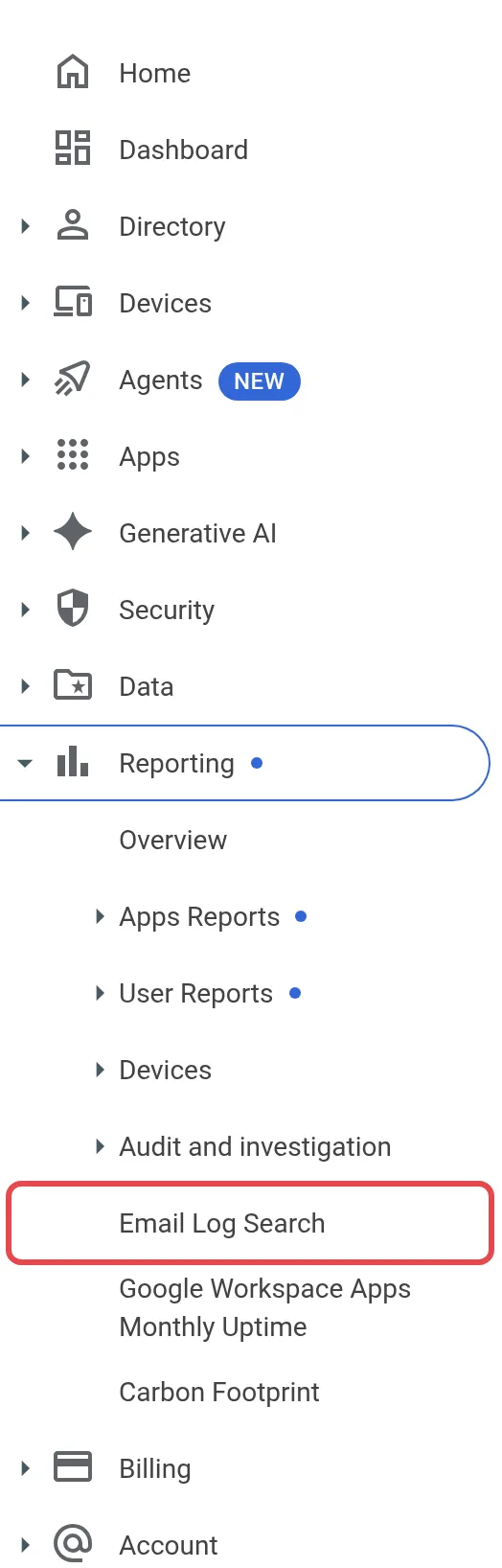 Admin console菜单，已打开Reporting并标示Email Log Search