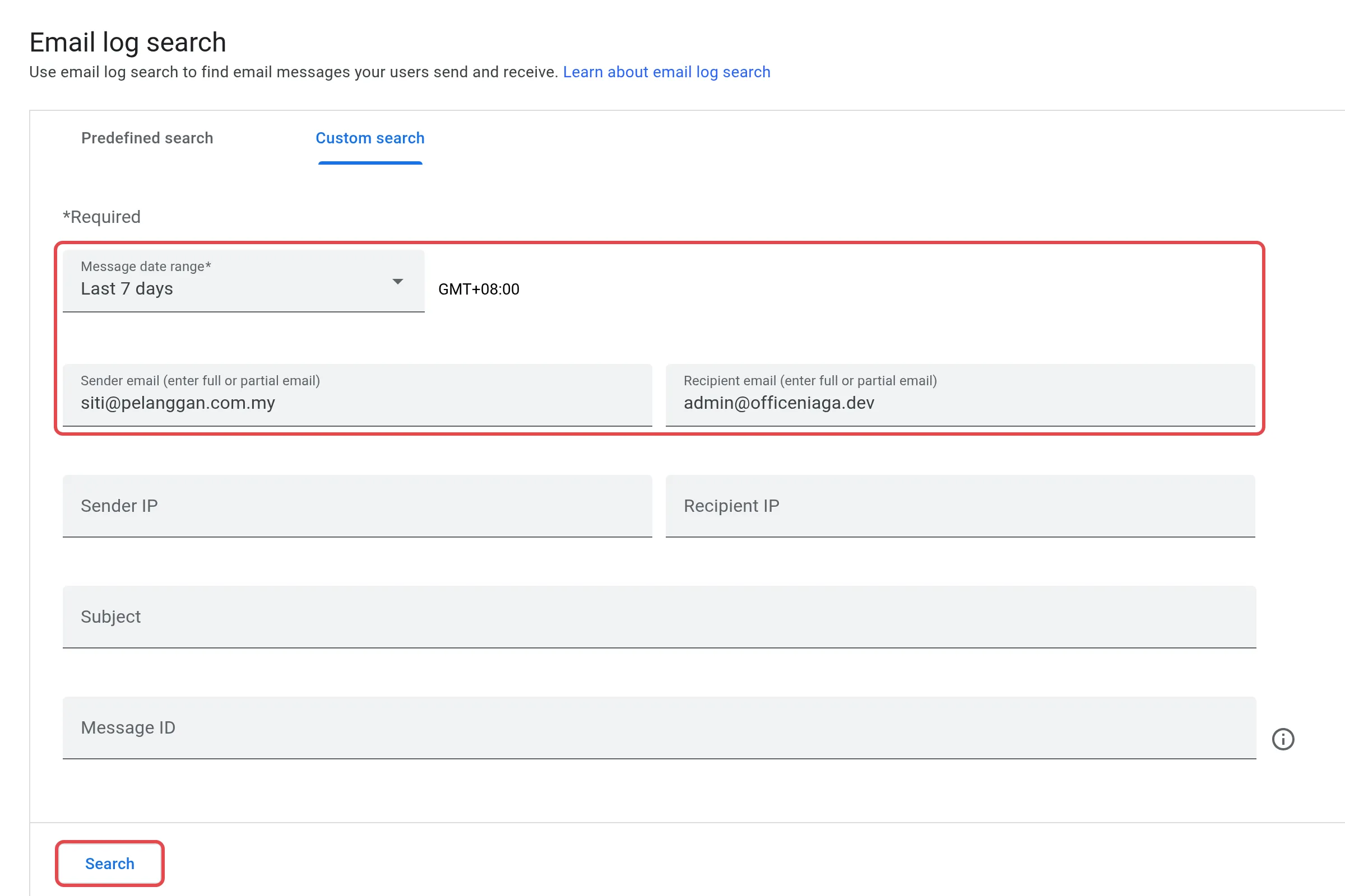 Email Log Search，填有日期范围、发件人和收件人