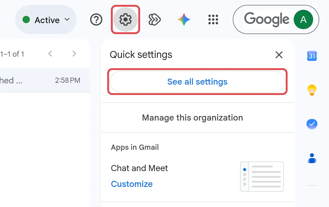 Gmail的齿轮图标和See all settings按钮