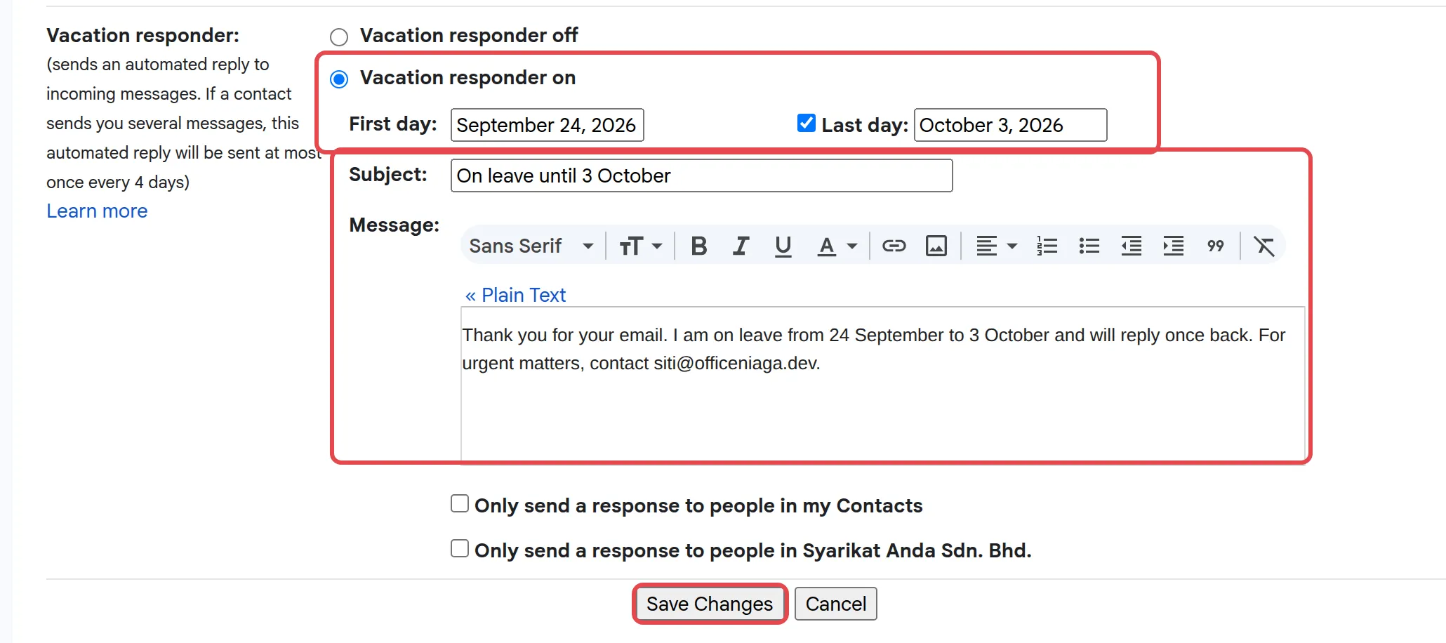 已开启的Vacation responder，填有日期、主题、内容和Save Changes按钮