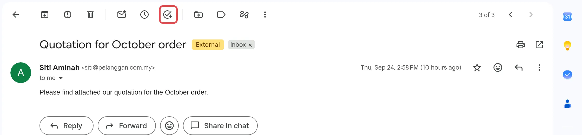 Gmail里已打开的电邮顶部的Add to Tasks按钮