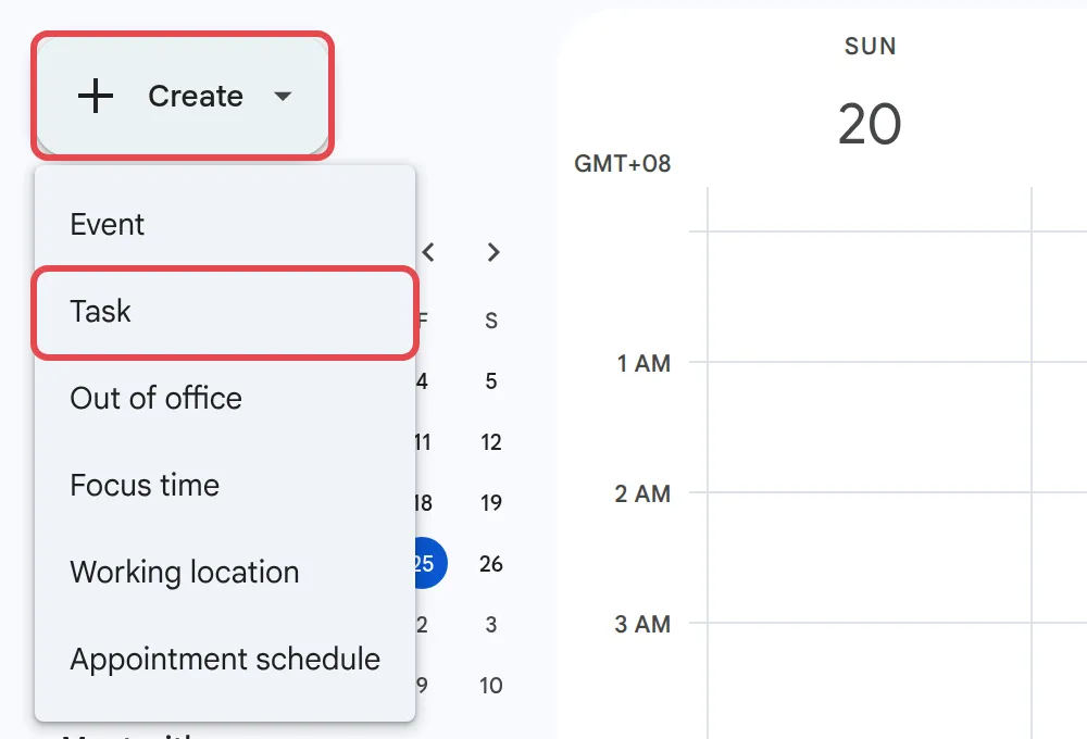Google Calendar的Create菜单，Task已标示