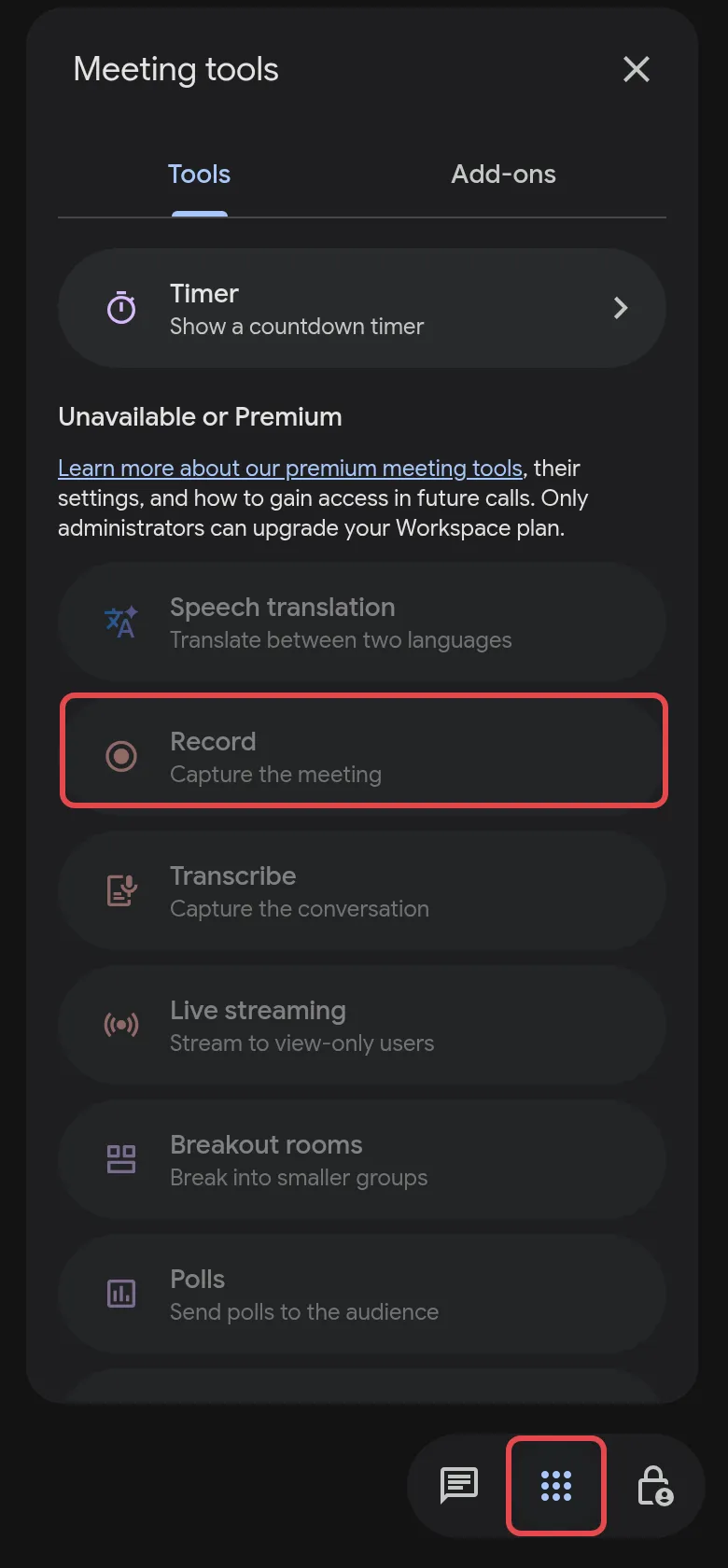 Meeting tools panel on Business Starter, with Record listed under Unavailable or Premium