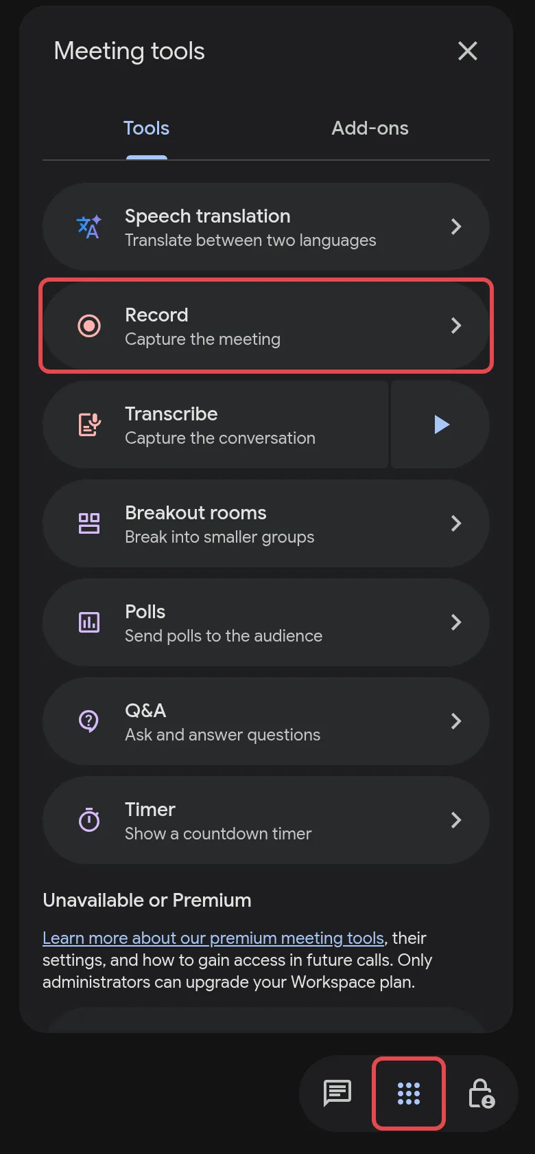 Meeting tools panel on Business Standard, with the Meeting tools button and Record available