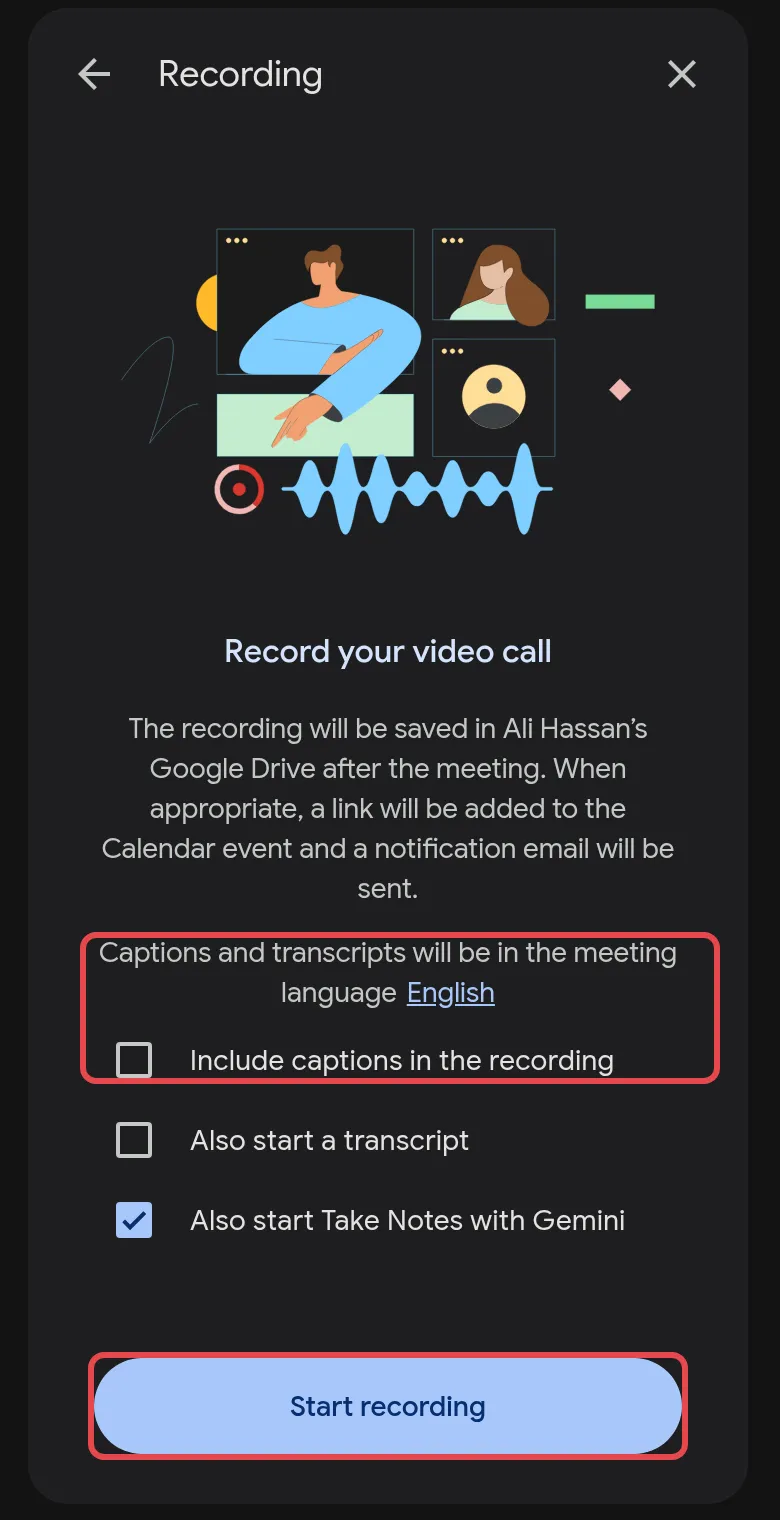 Recording panel with the meeting language, Include captions in the recording and Start recording