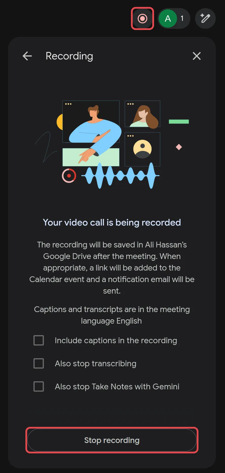 Recording icon at the top and the Stop recording button in the Recording panel