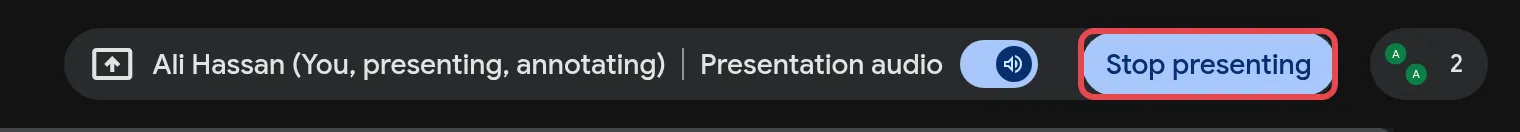 Presenting bar at the top with the Stop presenting button