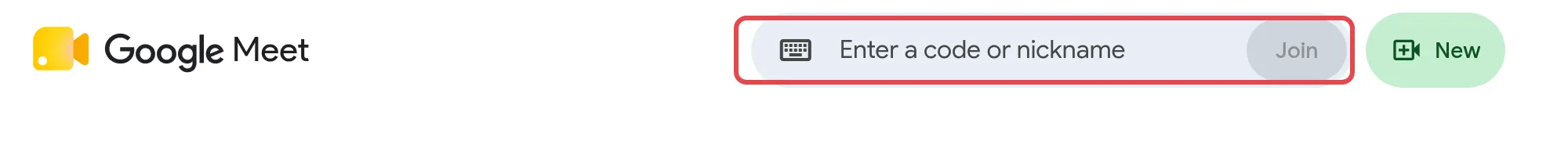 Enter a code or nickname box and Join button on the Google Meet home page
