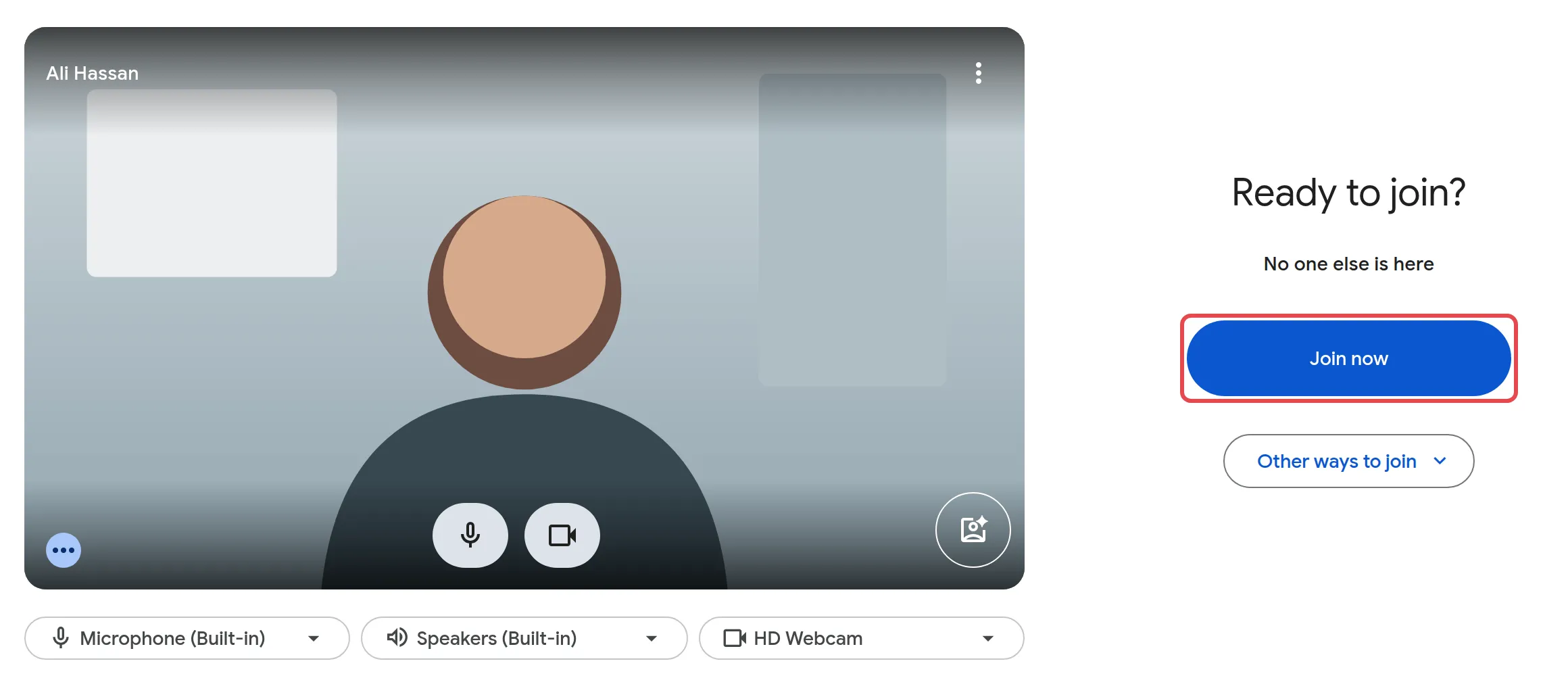 Meet preview screen with the Join now button