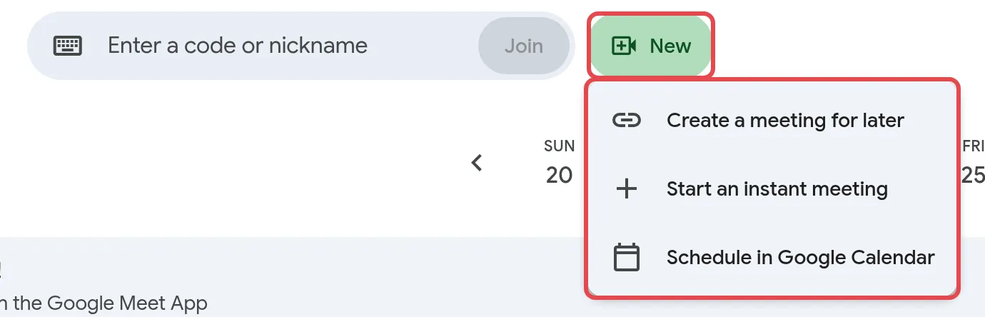 New menu: Create a meeting for later, Start an instant meeting, Schedule in Google Calendar
