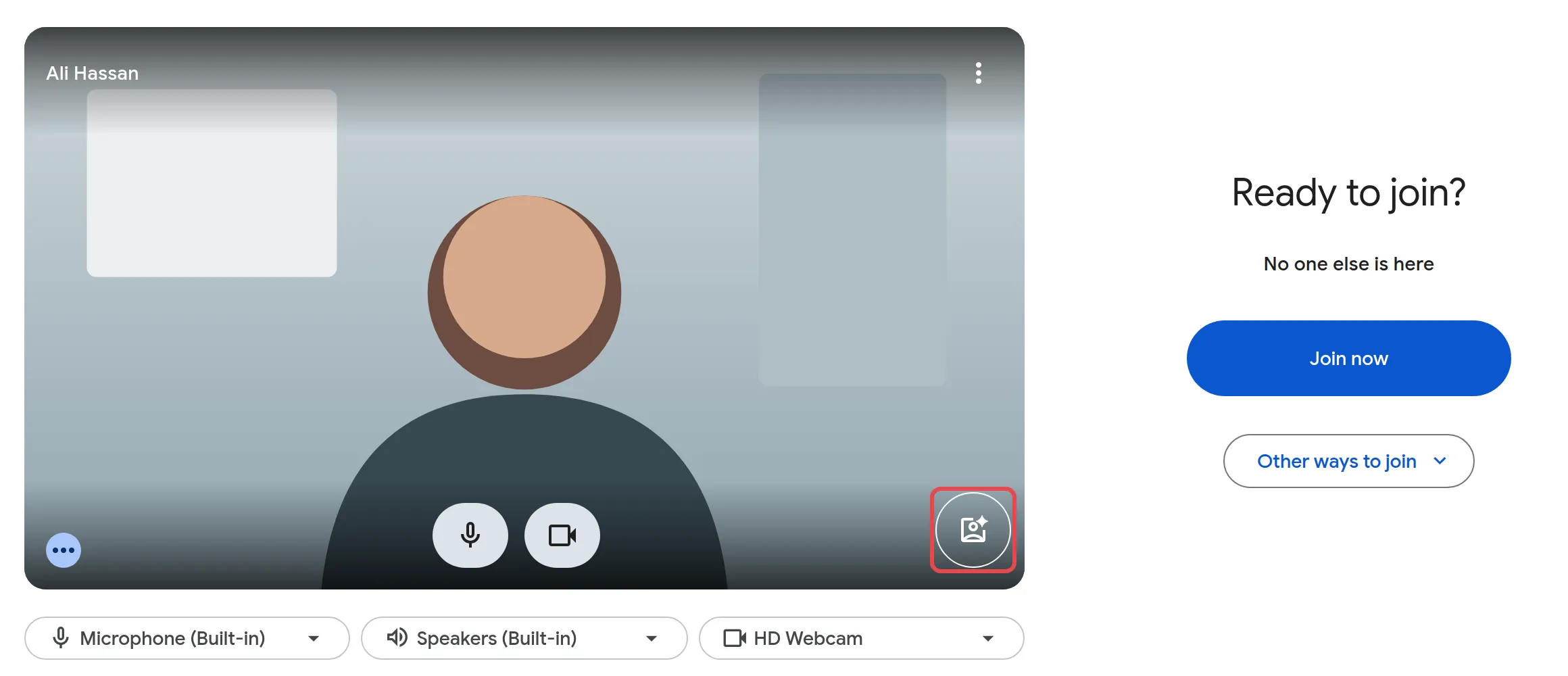 Meet preview screen with the Backgrounds and effects button