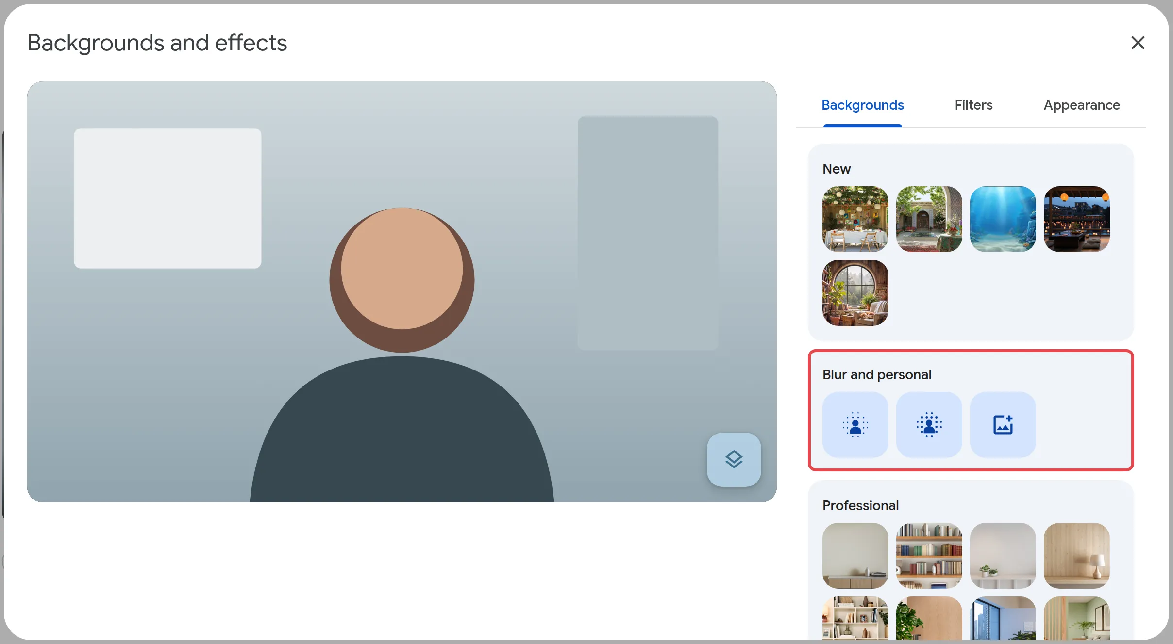 Backgrounds and effects panel with the Blur and personal options