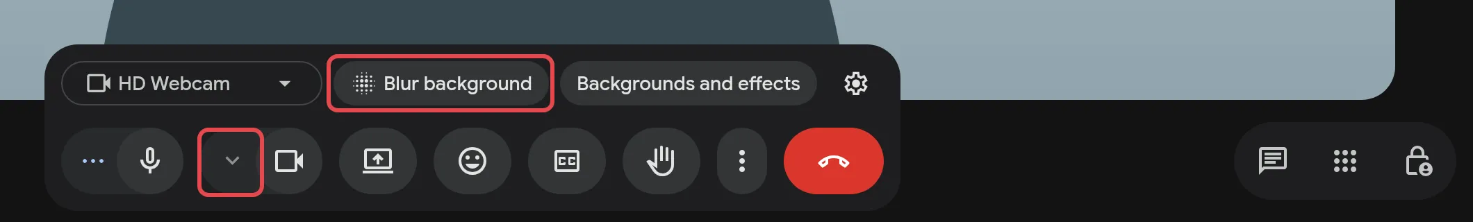 The arrow next to the camera button, with Blur background and Backgrounds and effects above it