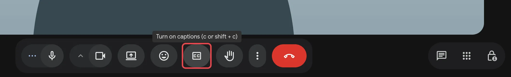 Meeting controls with the Turn on captions button