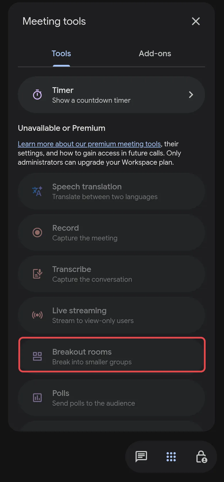 Meeting tools on Business Starter, with Breakout rooms under Unavailable or Premium