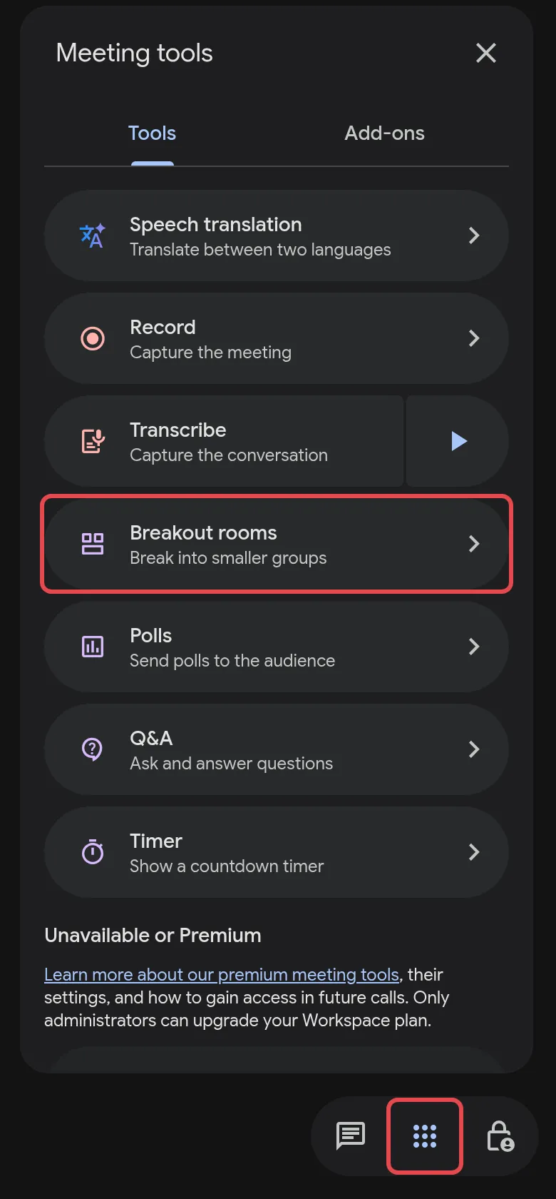 Meeting tools on Business Standard, with Breakout rooms available