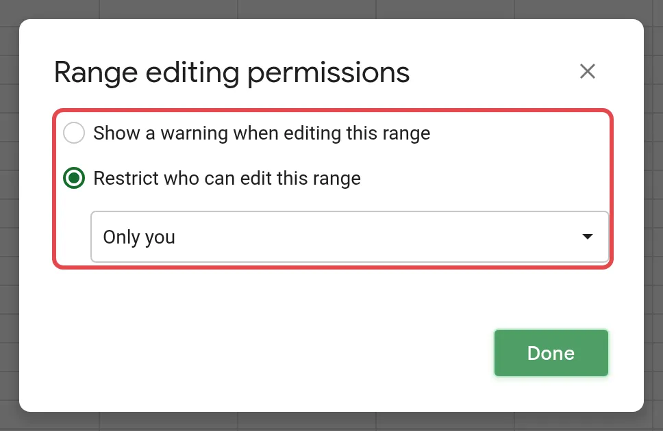 范围编辑权限，有警告选项和Restrict who can edit this range选项