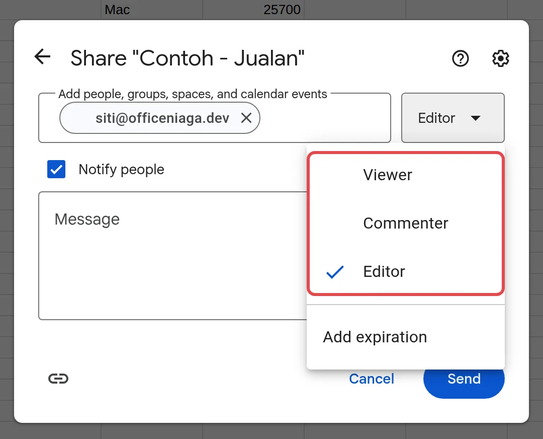 权限列表，有Viewer、Commenter和Editor