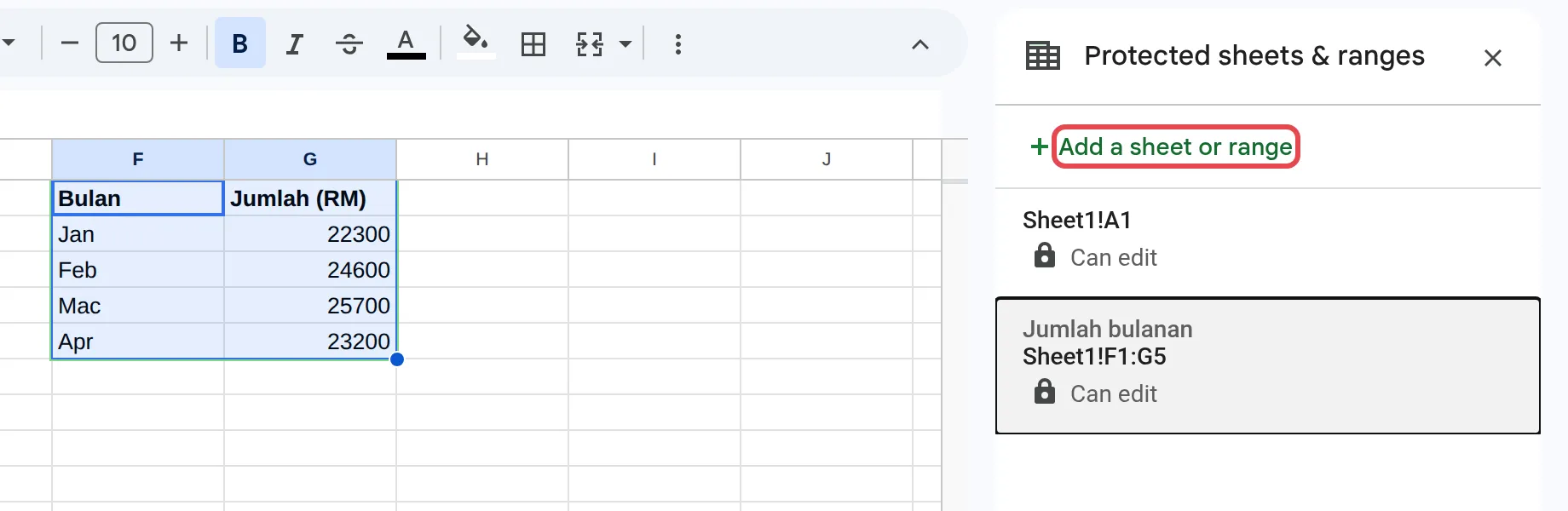 Protected sheets and ranges窗格和Add a sheet or range