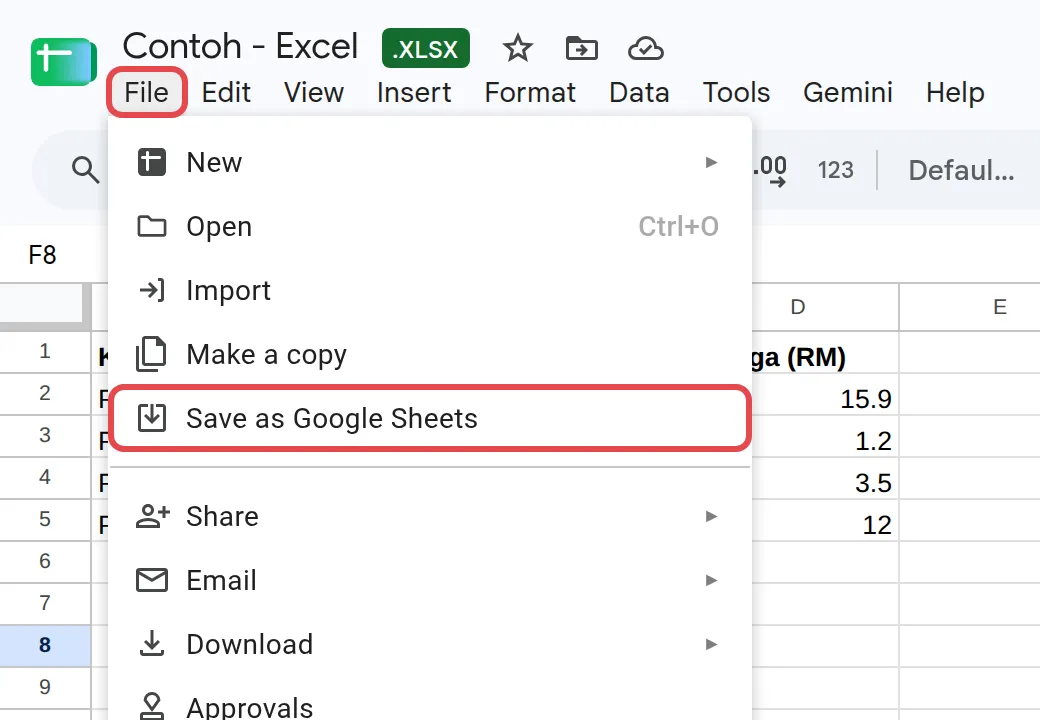 File菜单，已标示Save as Google Sheets