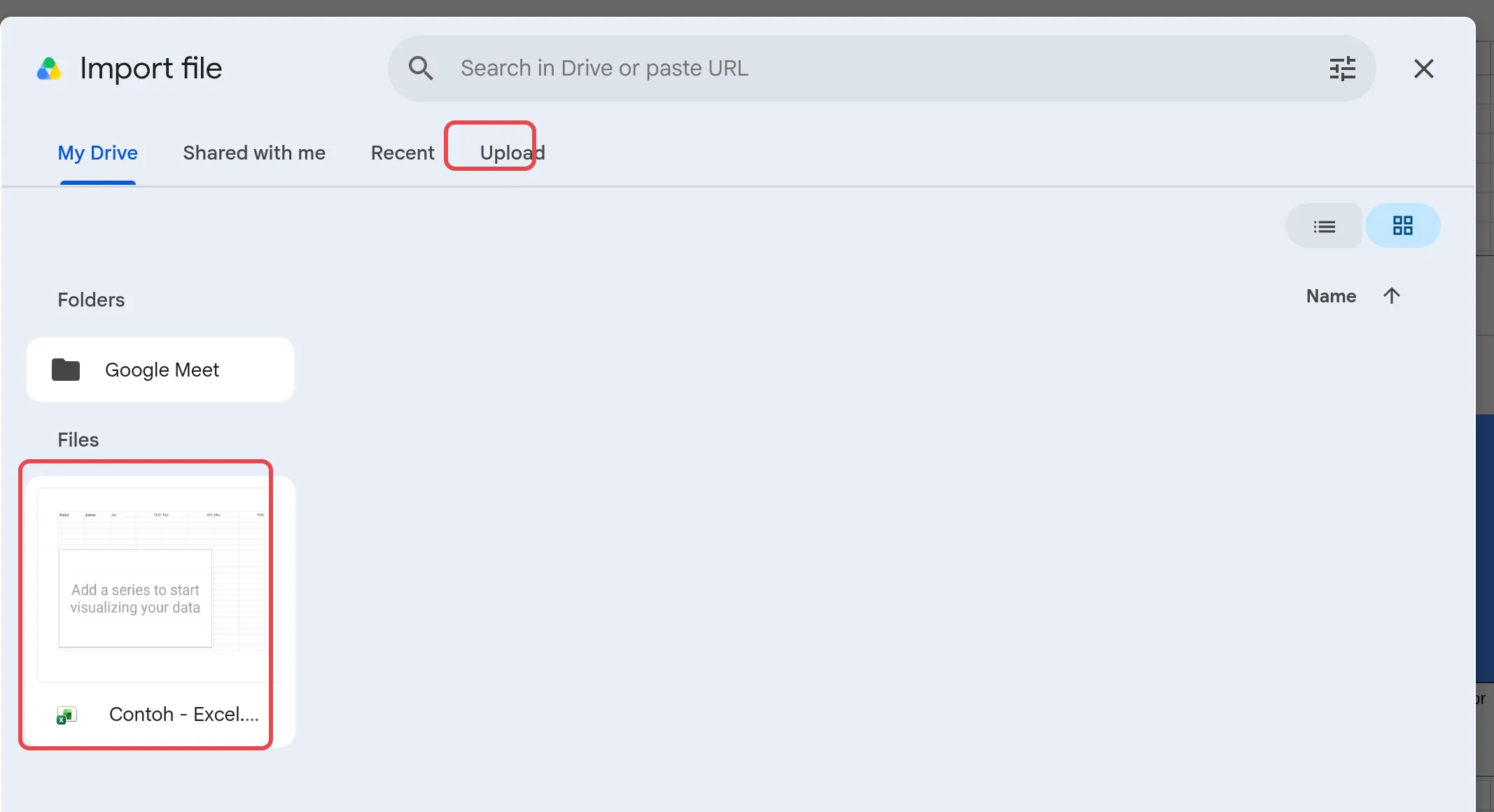 Import file窗口，显示Upload标签页和可选择的文件