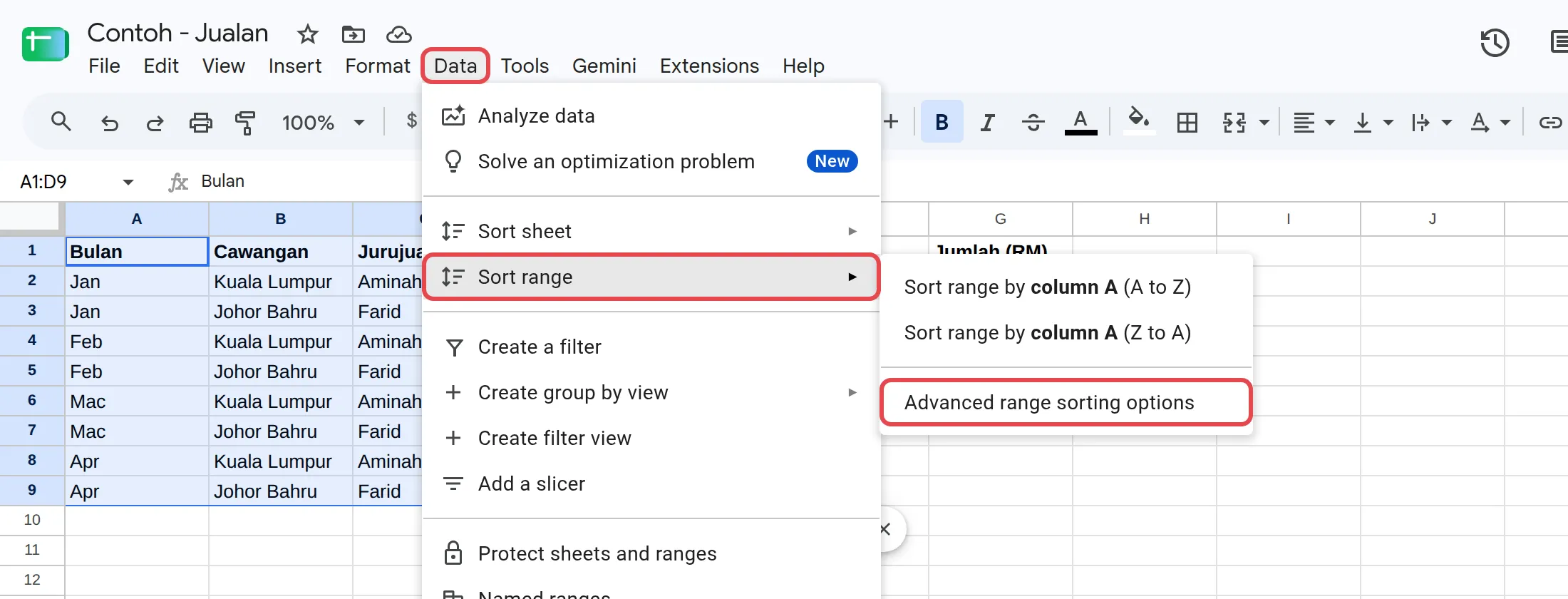 Data → Sort range，已标示Advanced range sorting options