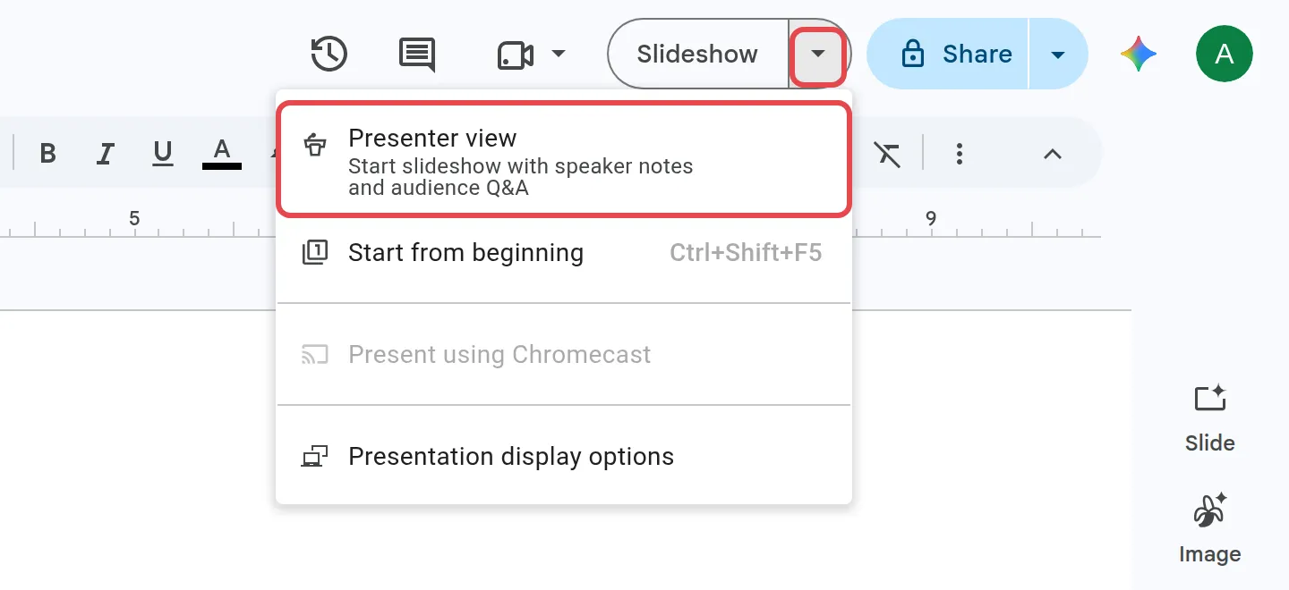 Slideshow菜单，已标示Presenter view