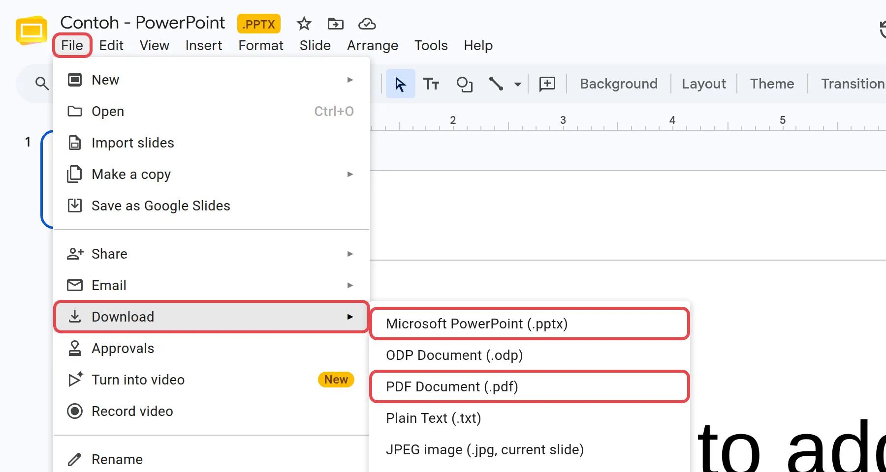 File → Download，已标示Microsoft PowerPoint (.pptx)和PDF Document (.pdf)