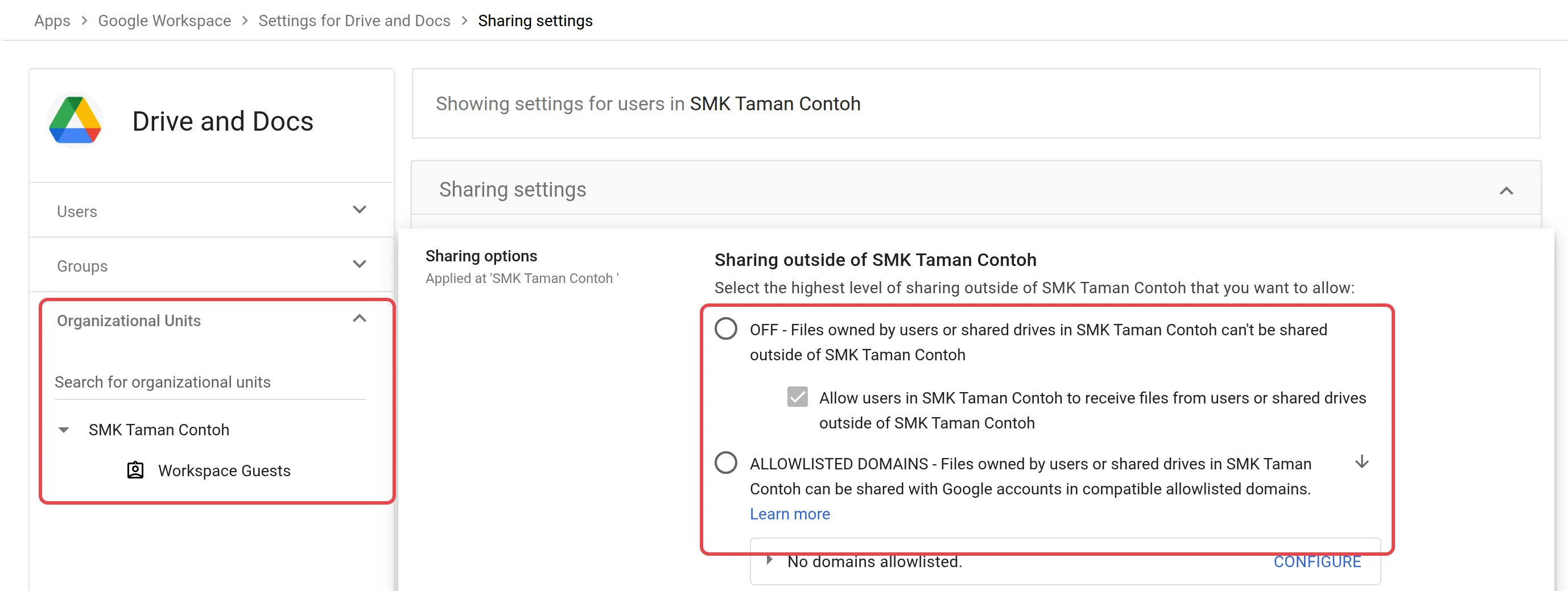 Drive分享选项，有组织部门列表以及OFF和ALLOWLISTED DOMAINS选项