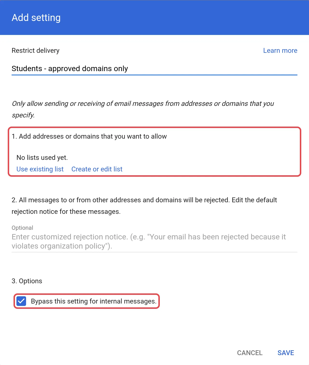 Restrict delivery设置，有允许列表，并已勾选Bypass this setting for internal messages