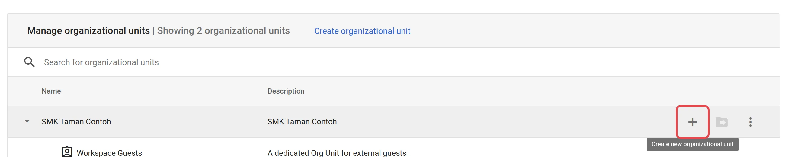 Organizational units页面，有Create new organizational unit按钮