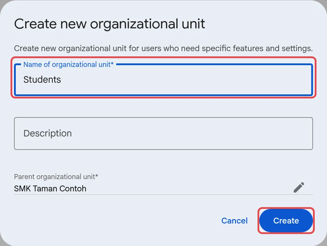 Create new organizational unit框，有示例名称和Create按钮