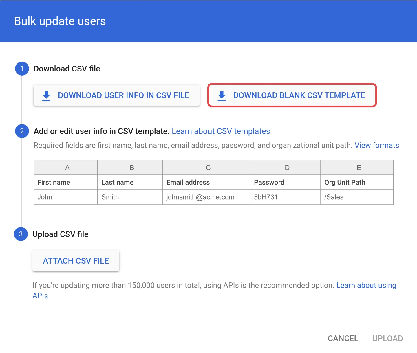 Bulk update users框，已标示Download blank CSV template