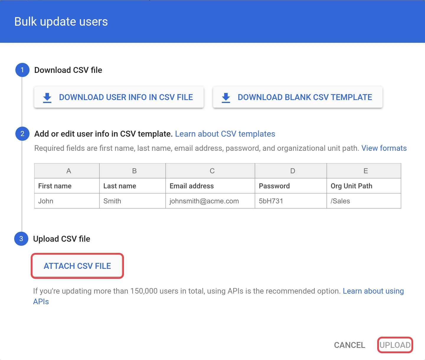 Bulk update users框，已标示Attach CSV file和Upload