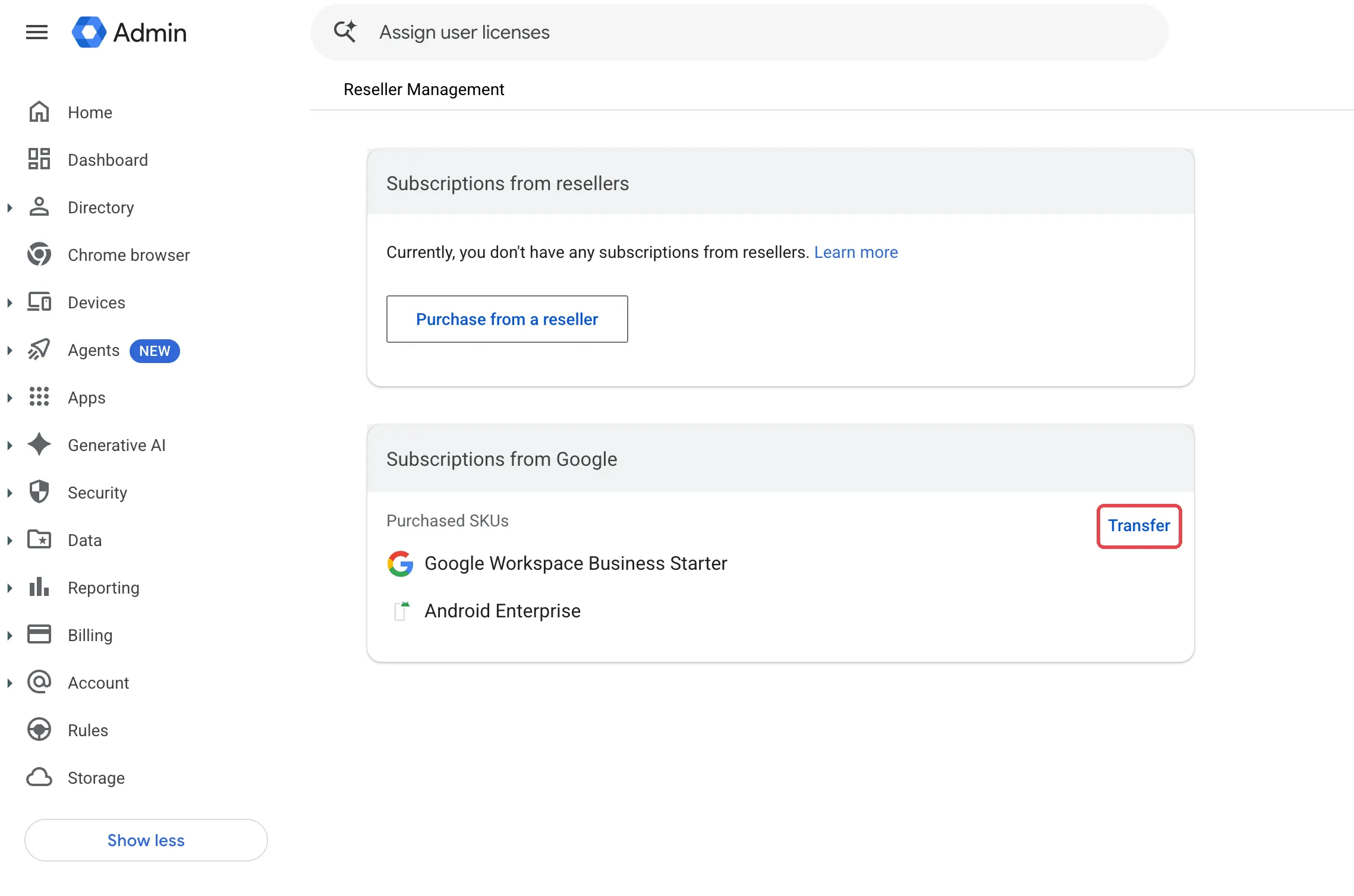 Reseller Management page with the Transfer link highlighted in the Subscriptions from Google box
