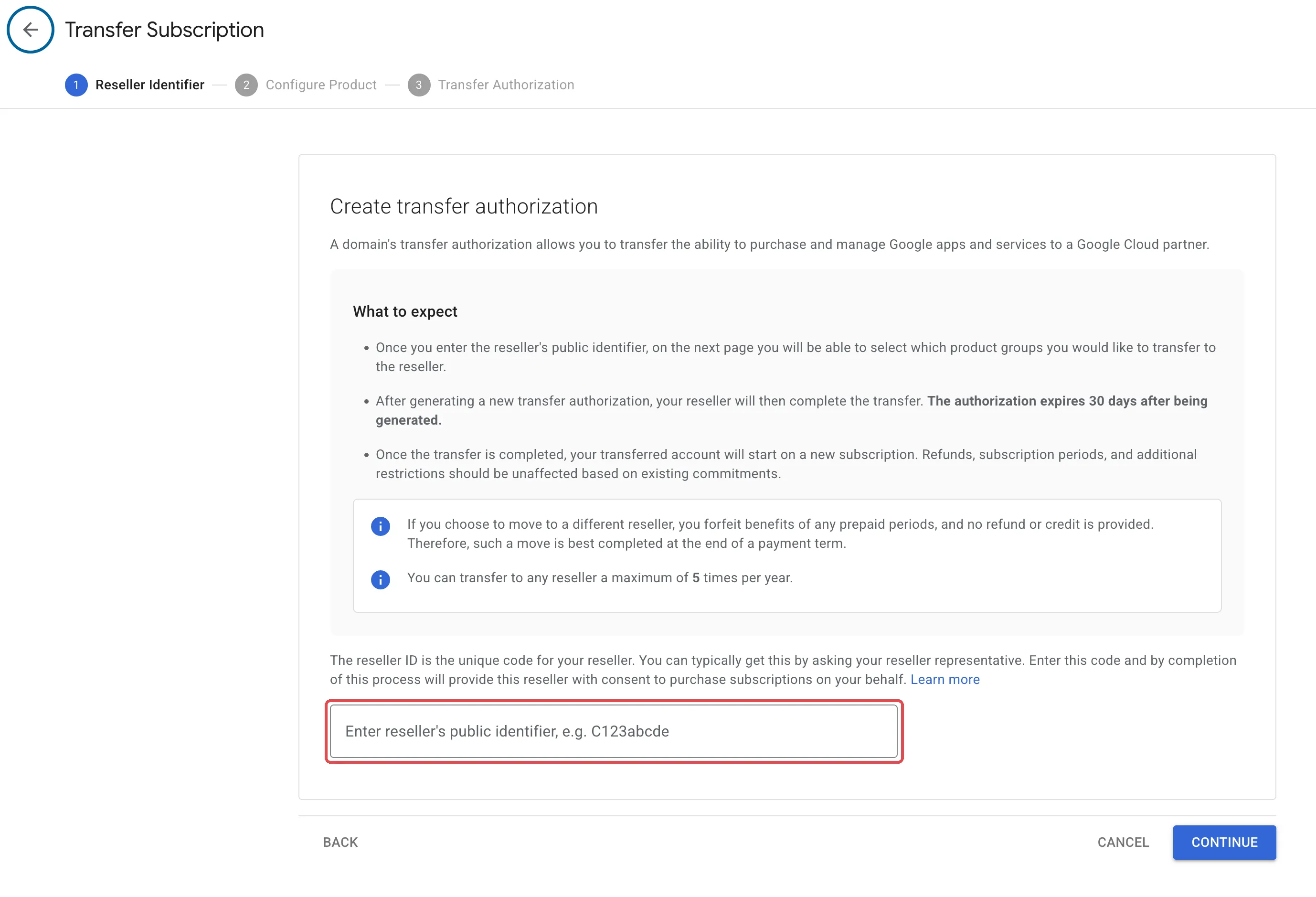 Create transfer authorization page with the reseller public identifier field highlighted
