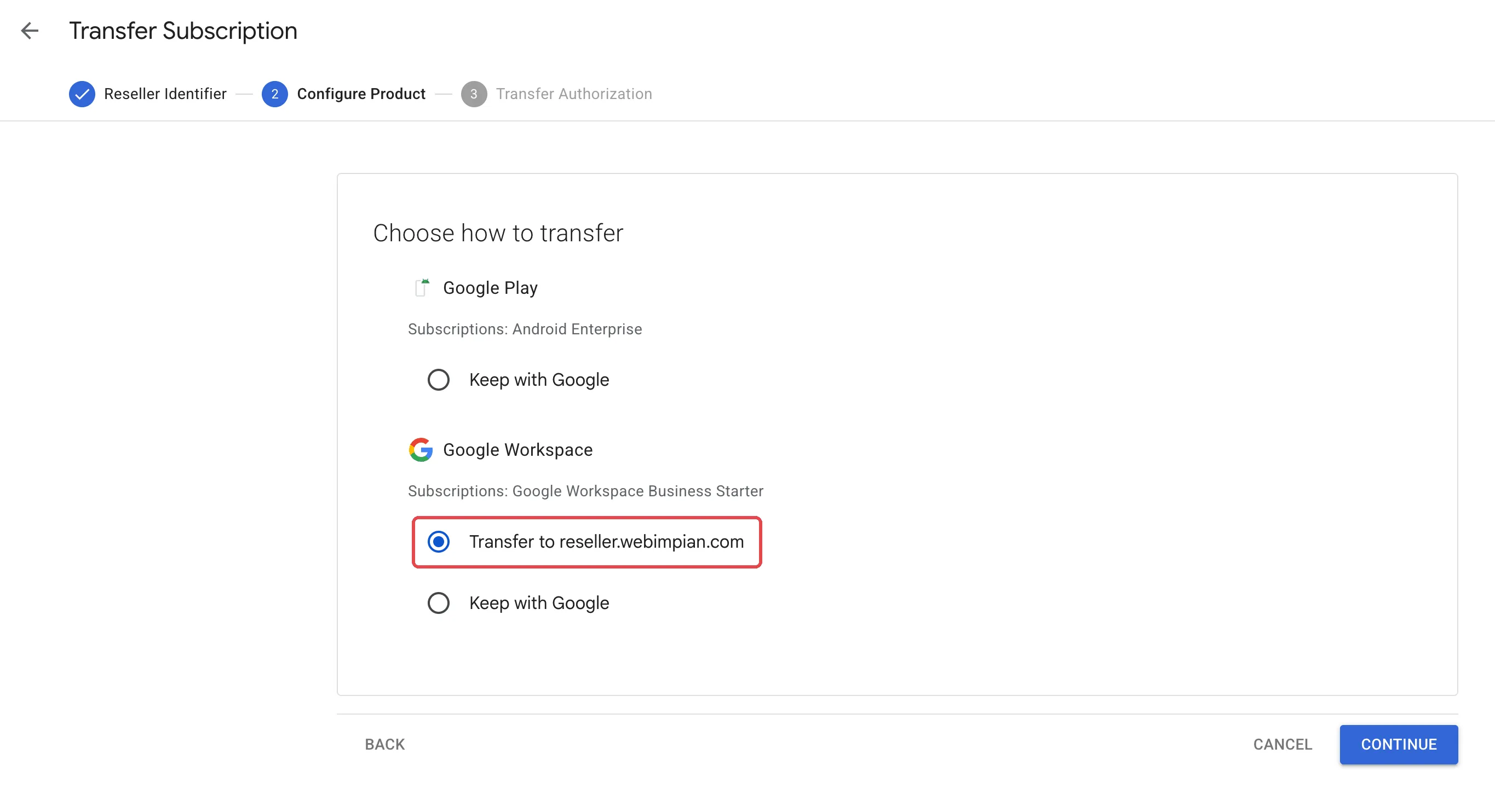 Choose how to transfer page with Transfer to reseller.webimpian.com selected for Google Workspace