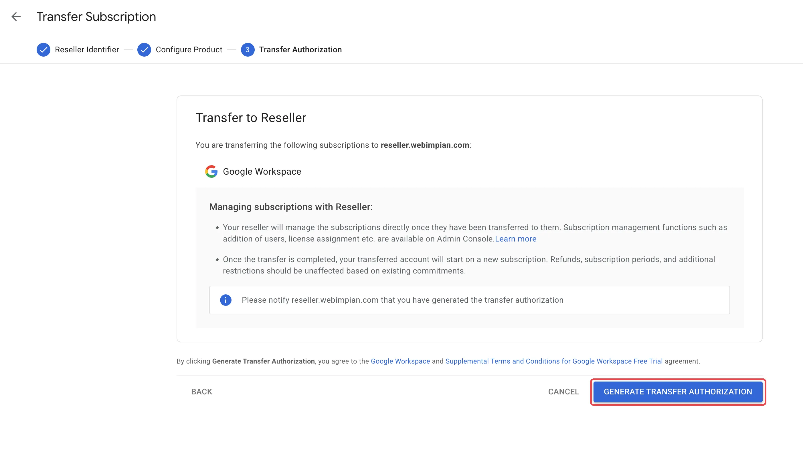 Transfer to Reseller summary page with the Generate Transfer Authorization button highlighted