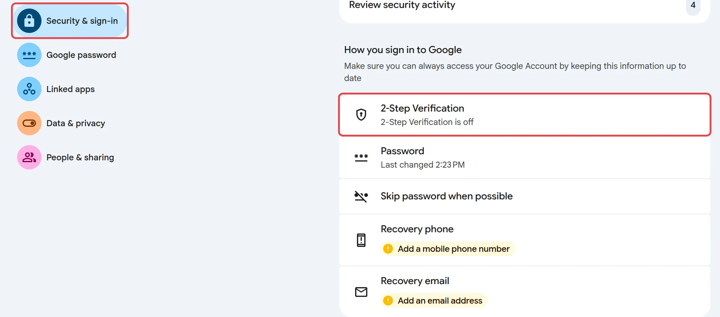 Security & sign-in页面和2-Step Verification这一行
