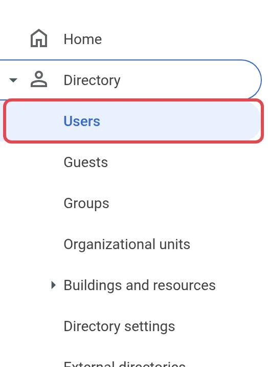 Admin console菜单，已标示Directory → Users