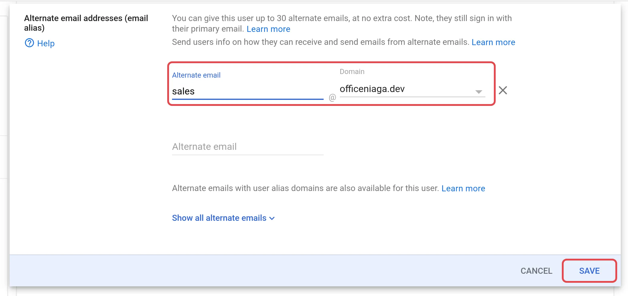 Alternate email栏，有示例别名和Save按钮